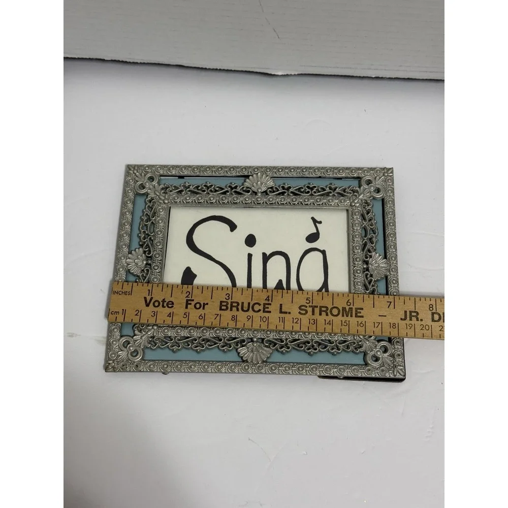 Vintage Ornate Metal Photo Frame With Blue Mat 5x7 